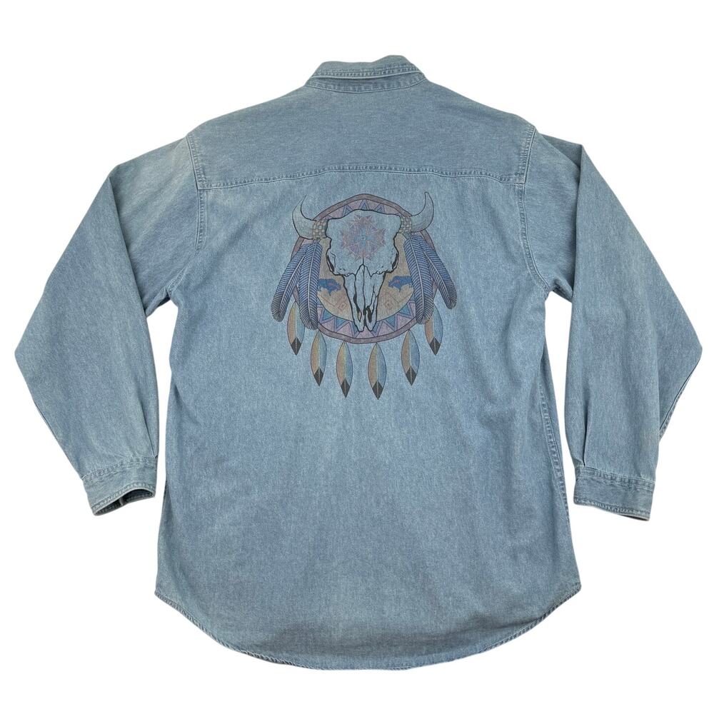 Vintage 90s Denim Western Shirt M Printed Skull Dreamcatcher Southwestern Cotton